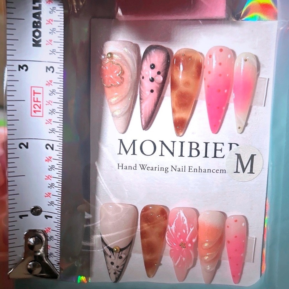 MONIBIER Pink Brown Animal Print Floral Press On Nails Coffin Medium - Picture 3 of 3